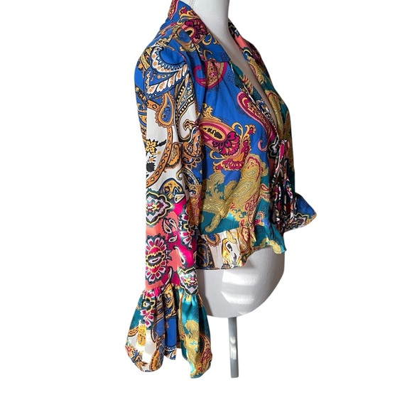 Willow & Root Mixed Paisley Print‎ Chiffon Blouse Bell Sleeves Tie Front Small - Picture 13 of 16